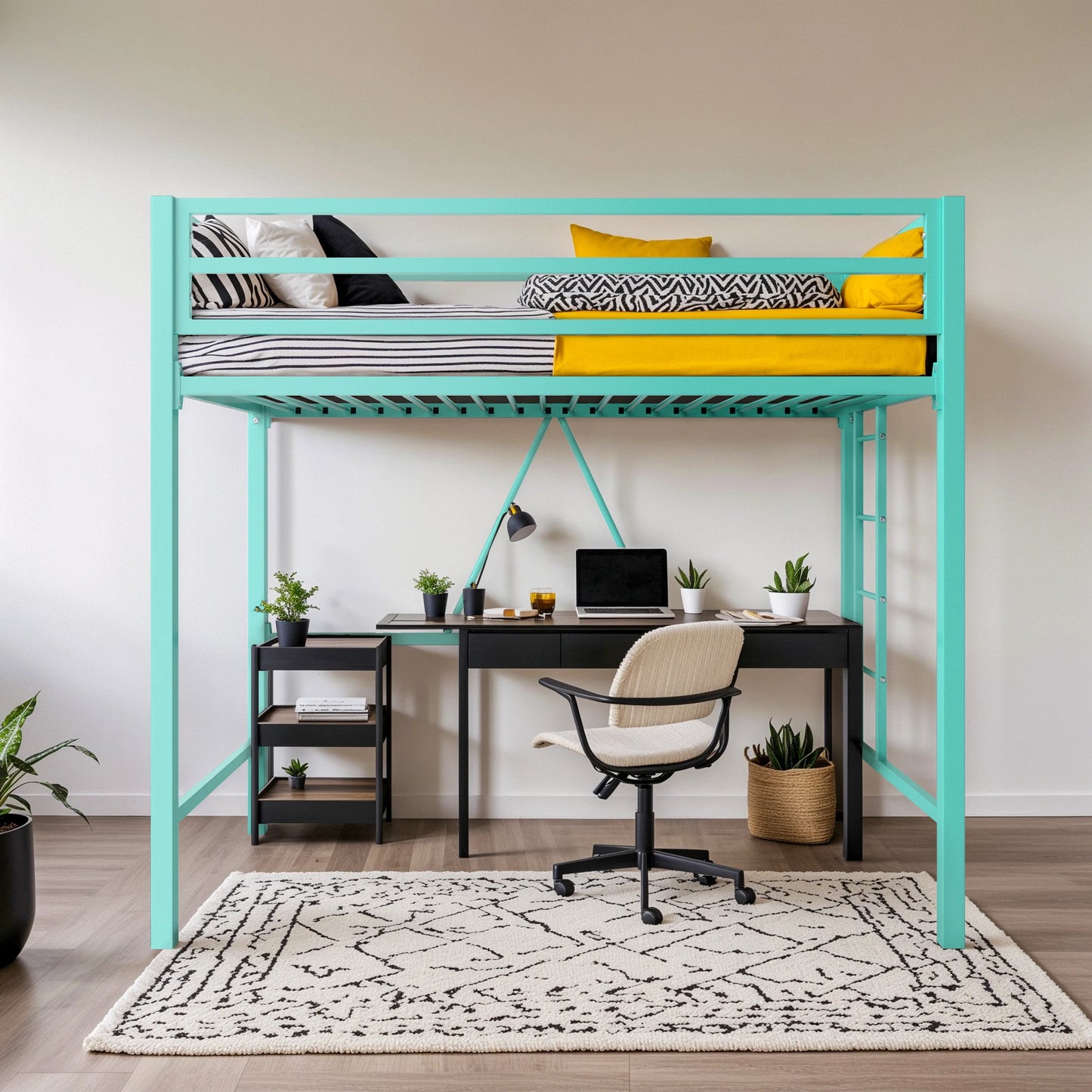 HOOMIC Modern Twin Size Metal Loft Bed Frame with Full-Length Guardrail, Removable Ladder, Space-Saving Design Allewie