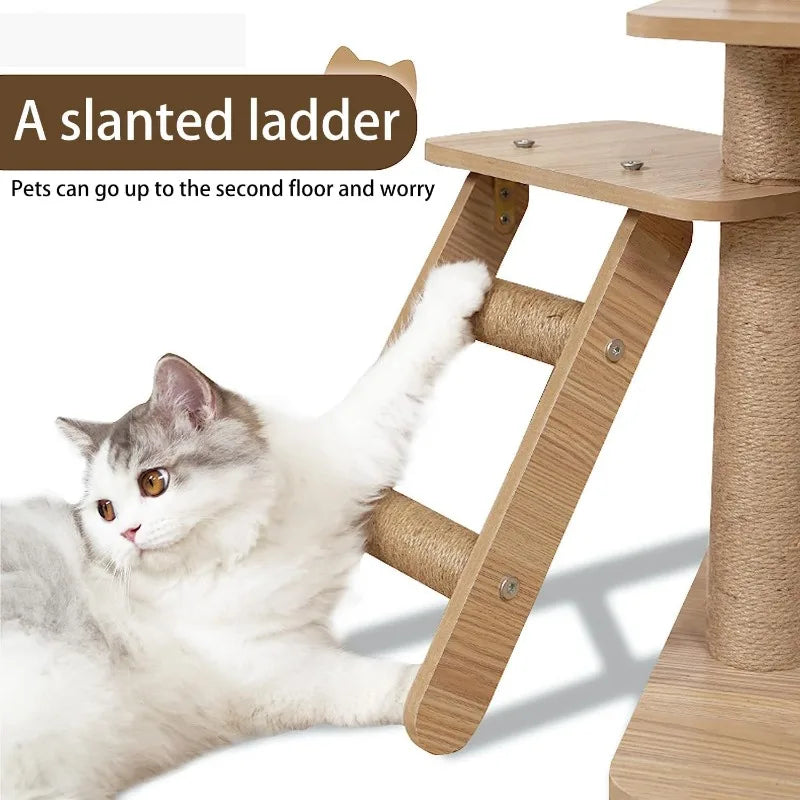 65-Inch Multi-Pure Wood-Level Cat Tree Tower with Condo, with Padded Platform Bed, Toy Balls, and Sisal Scratching,Cat Tree