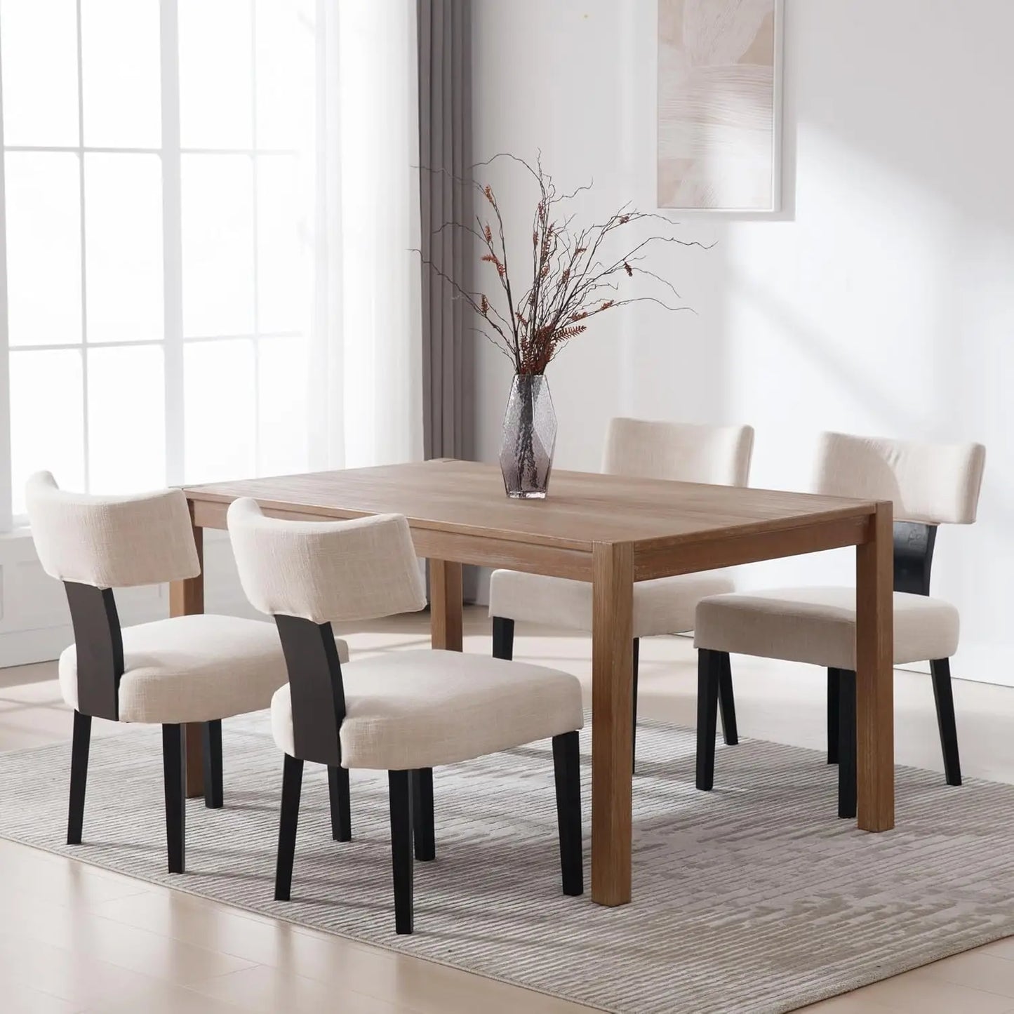 Modern Dining Chairs Set of 2 Comfy Upholstered Side Chairs Black Wood Legs Linen Fabric Dining Chairs Curved Wingback Beige