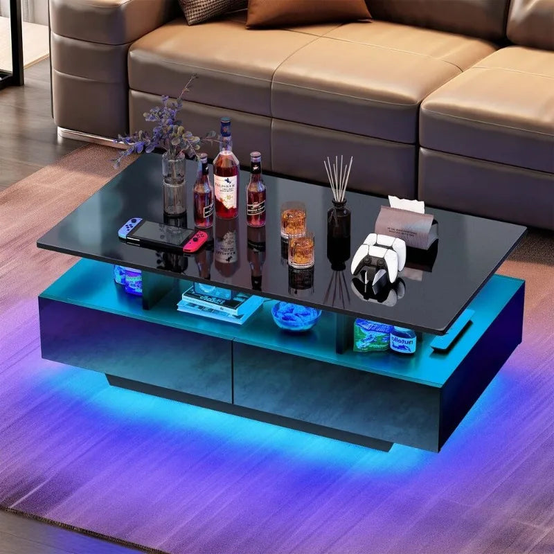 High Gloss Coffee Table Center Cocktail Table with LED Lights & Sliding Drawers