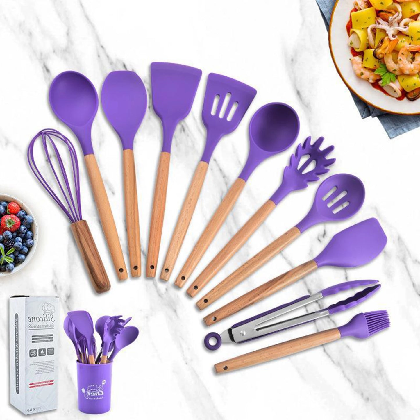 Silicone Kitchen Cookware Set with Food Grade Material Spatula Utensil Holder for Baking and Outdoor Grilling