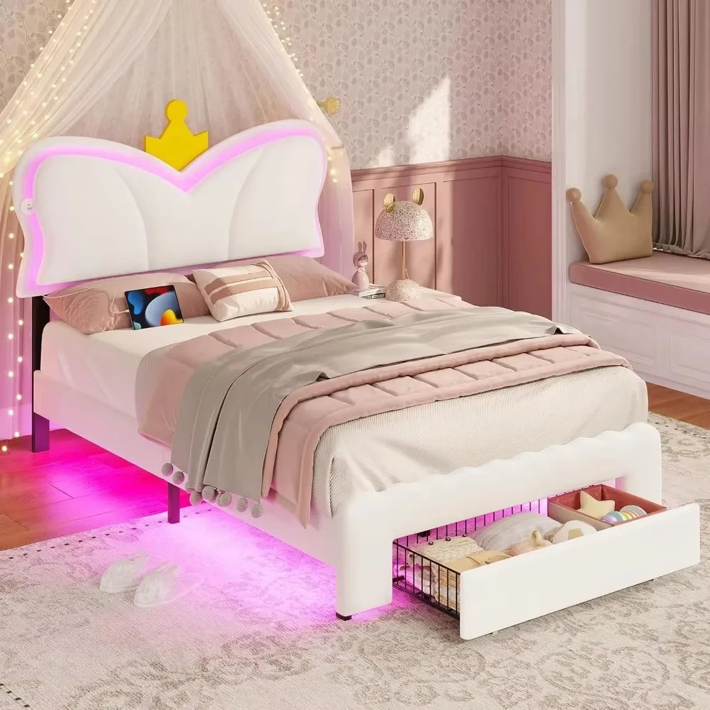 bedstead.Twin Bed Frames with LED Lights and Storage Drawer,Upholstered Bed Frame Twin Size with Height AdjustableCrownHeadboard