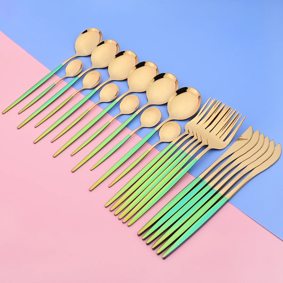 New 24Pcs Mix Color Dinnerware Set Stainless Steel Cutlery Set Dinner Knife Fork Spoon Luxury Flatware Party Kitchen Silverware
