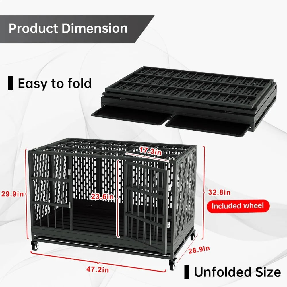 42/38 Inch Heavy Duty Dog Crate with Wheels, Folding Metal Big Dog Cage for Large and Medium Dogs, Indestructible Dog Crate