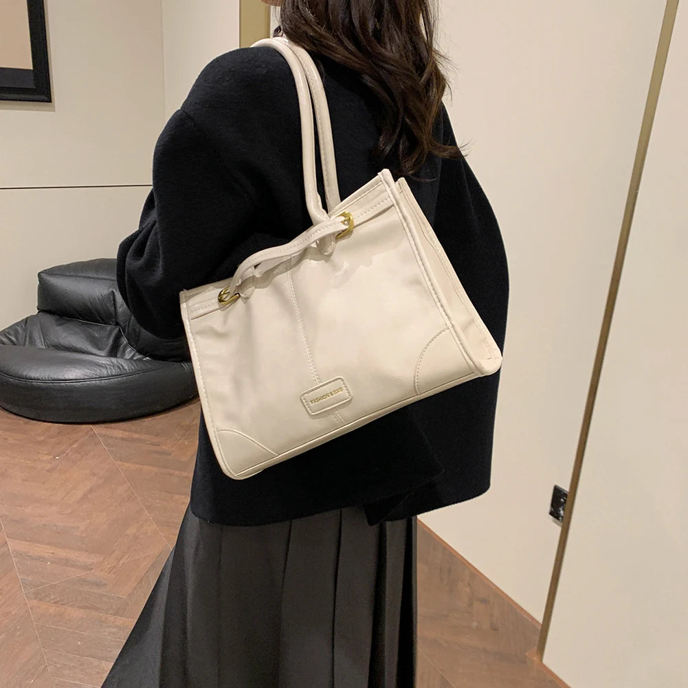 Luxury Belt Buckle PU Shoulder Bag for Women's Fashion Designer Handbag Large Capacity Tote Bags High Quality Solid Underarm Bag
