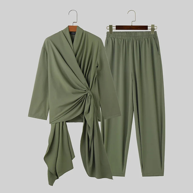 INCERUN 2024 Korean Style Men Simple Elegant Sets Leisure Irregular Solid Long Sleeved Tops Pants Streetwear Suit 2 Pieces S-5XL