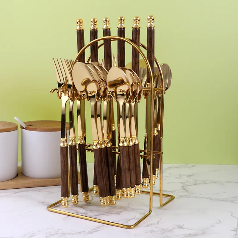 24-piece Set of Stainless Steel Cutlery with Rack, Exquisite Ceramic Handle Spoon and Fork Set Dishwasher Safe Cutlery Set