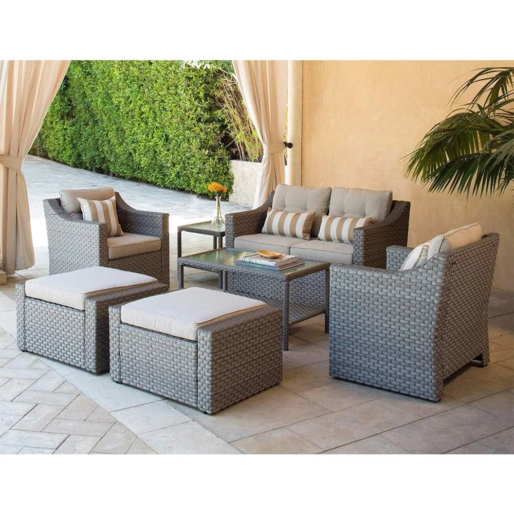 Outdoor Patio Furniture Set 7-Piece Wicker Conversation Lounge Chairs with Ottoman & Loveseat with Glass Coffee Table Pillow