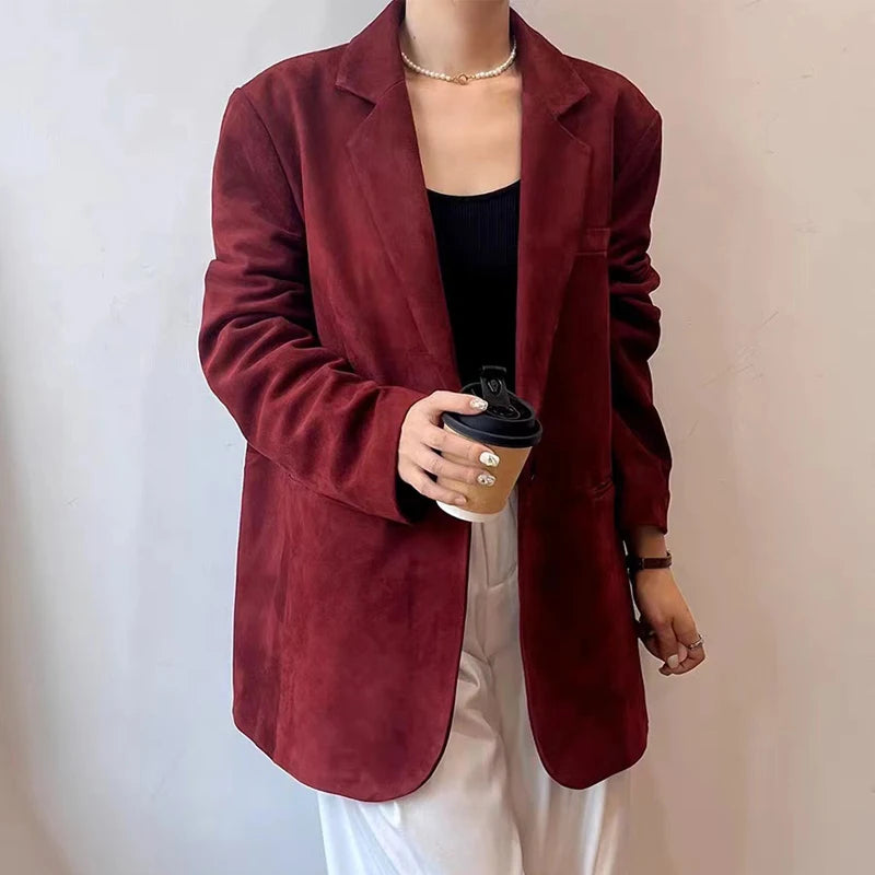 Top layer Suede Suit Jacket for Women 2024 Luxury Imported Kid Suede 100% Leather One Button Back Cut Coat Linda Fuchsia Ceket