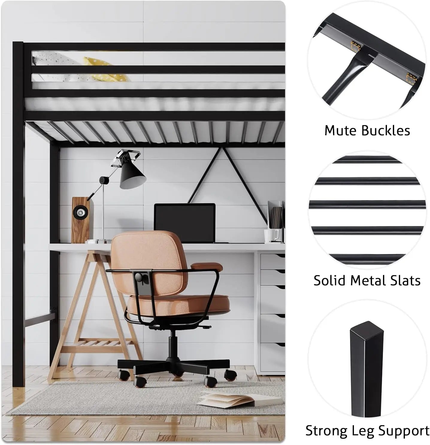 Junior Loft Bed Twin Size, Heavy Duty Twin Bed Frame with Full-Length Guardrail & Removable Stairs, Noise-Free, Space-Saving