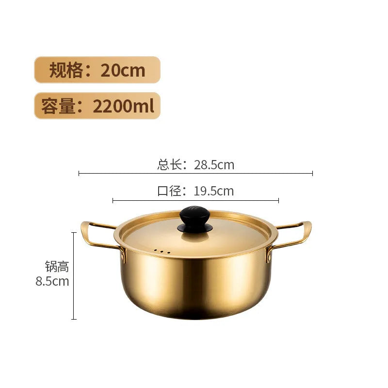 Korean Stainless Steel Instant Ramen Pot with Cover Golden Cookware Double Ears Cooking Pans Camping Noodles Pot Saucepan
