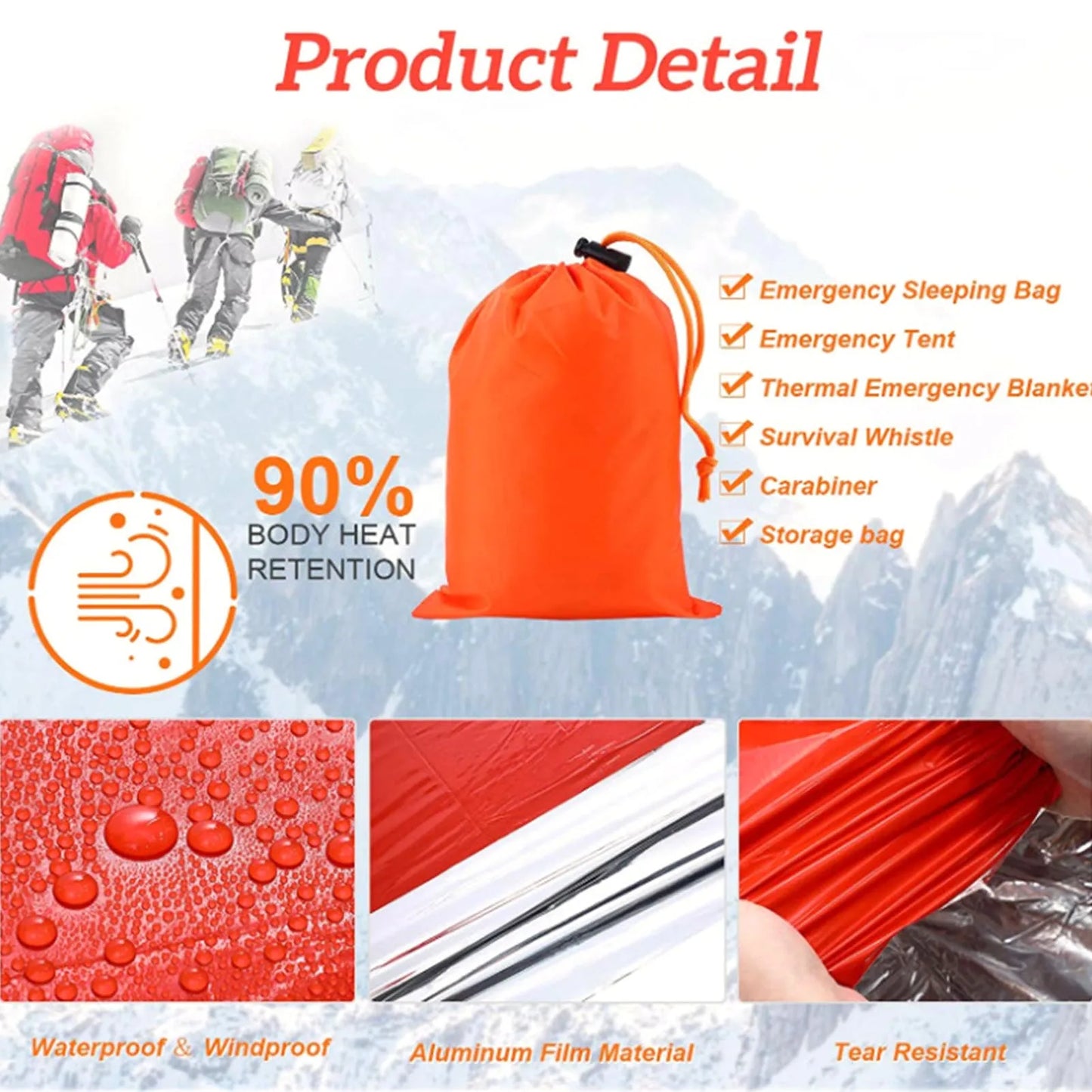 2Person Emergency Shelter Survival Tubular Tent With Pull Cord And Survival Whistle Emergency Cold-Proof SOS Sleeping Bag