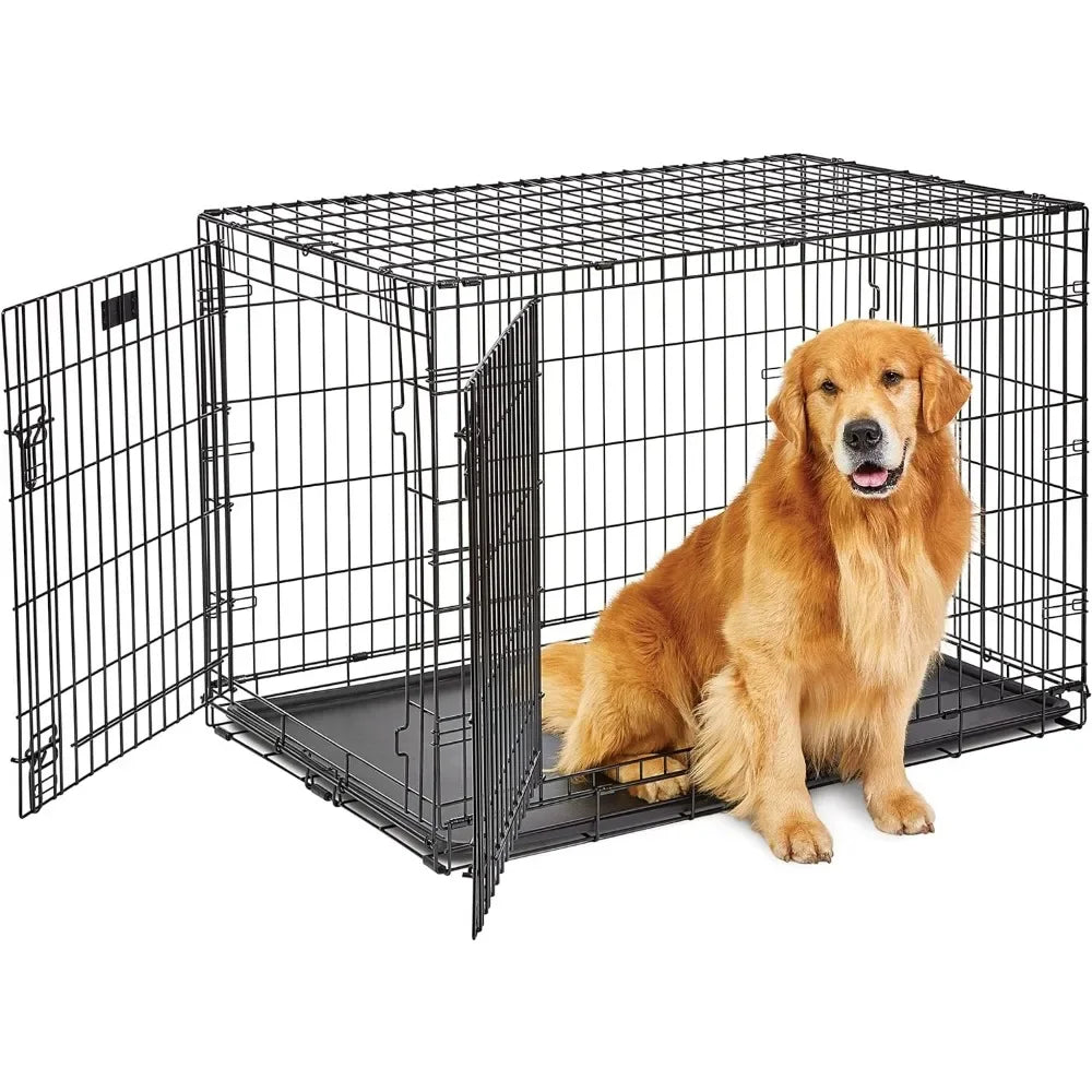Puppy Dog Crate Double Door Folding Metal Dog Crate Divider Panel Floor Protecting Feet Leak-Proof Dog Pan Pet Supplies