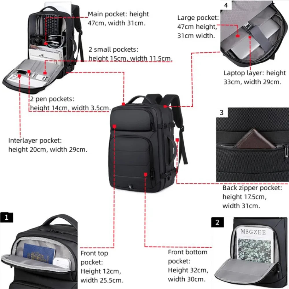 40L Expandable Large Capacity Backpack USB Port 17-Inch Laptop Backpack Men's Multi-Function Waterproof Business Travel Bag New