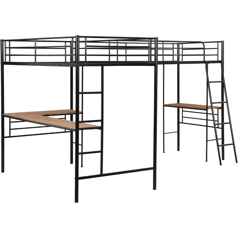 Double Twin Size Loft Beds, Metal L-Shaped Loft Bed Frame with Two Desk Underneath for 2 Kids Boys Girls Teens, Black