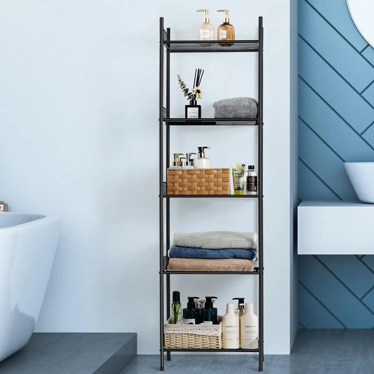 Narrow towel rack with five layers of storage for household shelves, modern storage tower cabinet with tissue rack