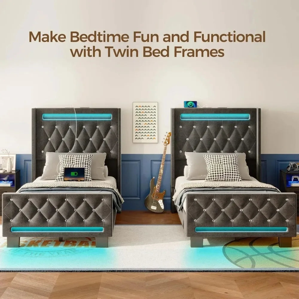 Twin Bed Frame with LED Light and Charging Station, Upholstered High Headboard and Footboard, Wood Slats, Noise Free