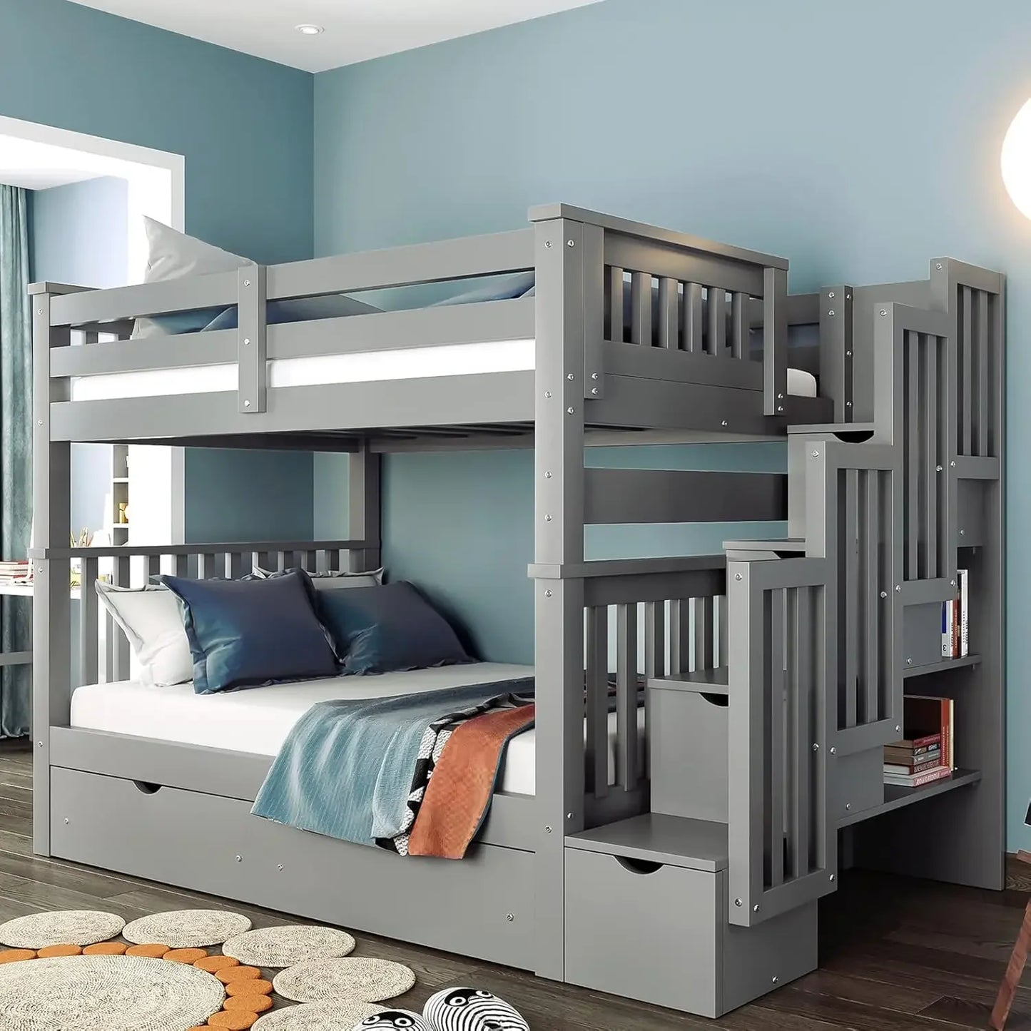 Full Over Full Bunk Bed with Trundle & Stairs, Wooden Full Size Bunk Bed Frame with Storage,for Kids Teens Adults