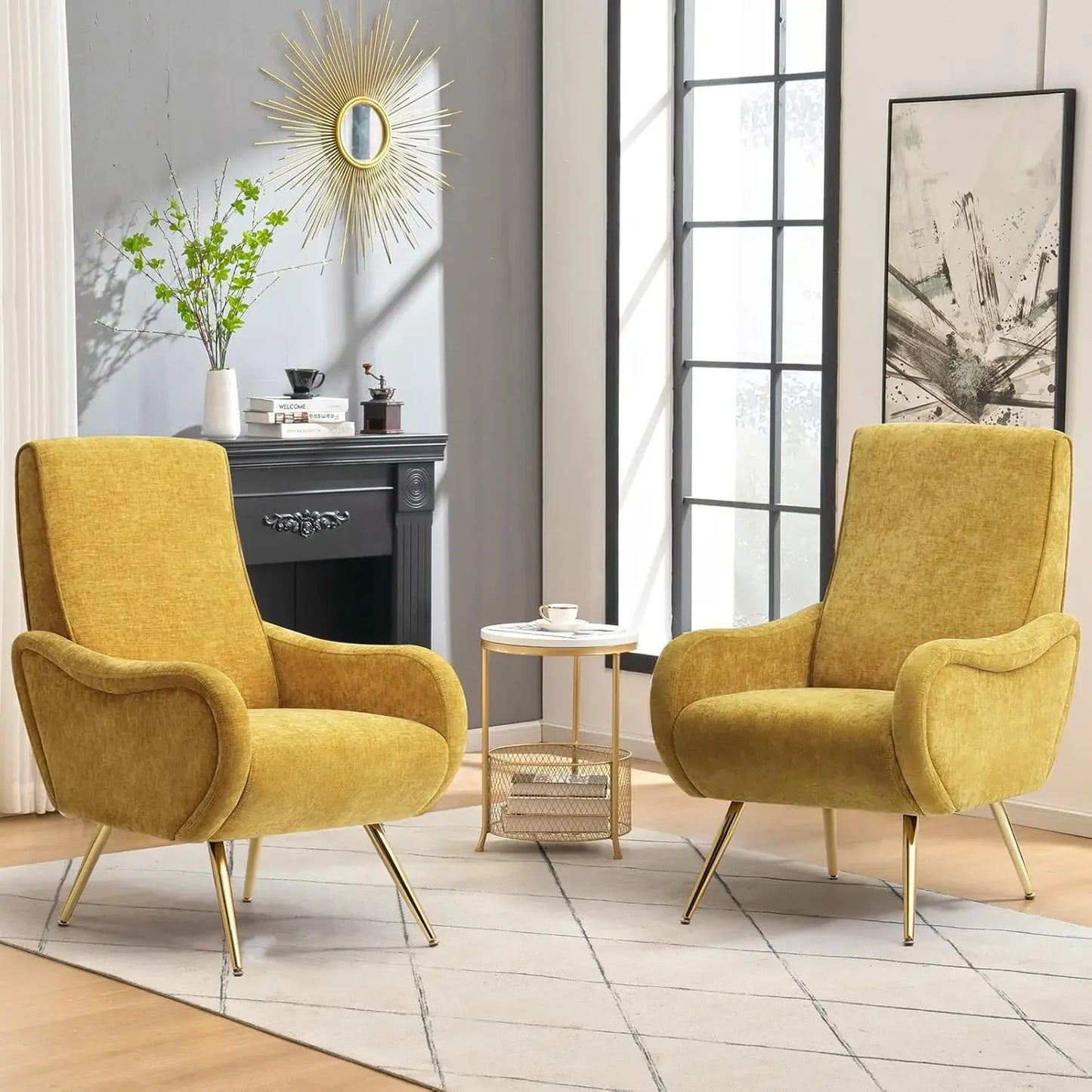 2PCS Upholstered Accent Chair, Chenille Armchair Comfy Reading Chair w/ Thick Cushion & Metal Legs, Leisure Lounge Chair, Beige
