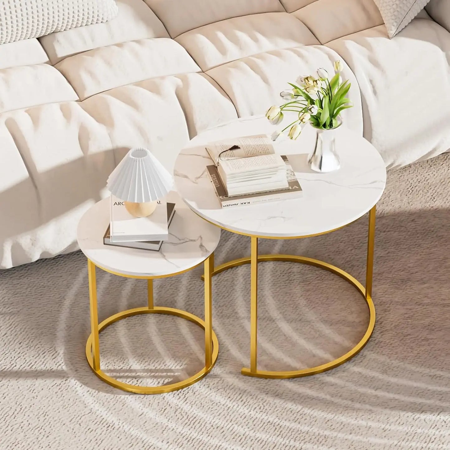 Coffee Table Nesting Black Set of 2 Side - Black Frame and Round Black Marble Wood Table, Industrial End Table Side .
