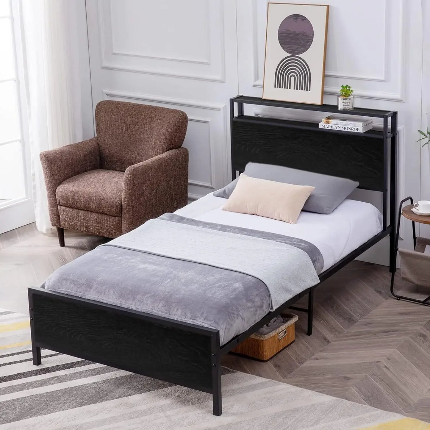 Twin Bed Frame with 2 XL Storage Drawers, Platform Bed Frame with 2-Tier Headboard, Strong Metal Slat Support