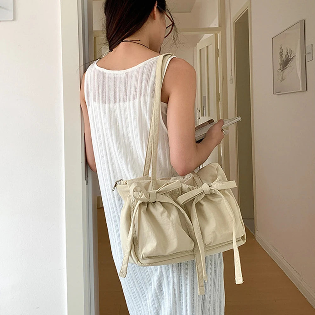 Women Fashion Shoulder Purse Zipper Closure Travel Tote Handbag Solid Color Nylon Grocery Purse Girls Outdoor Daily Bag