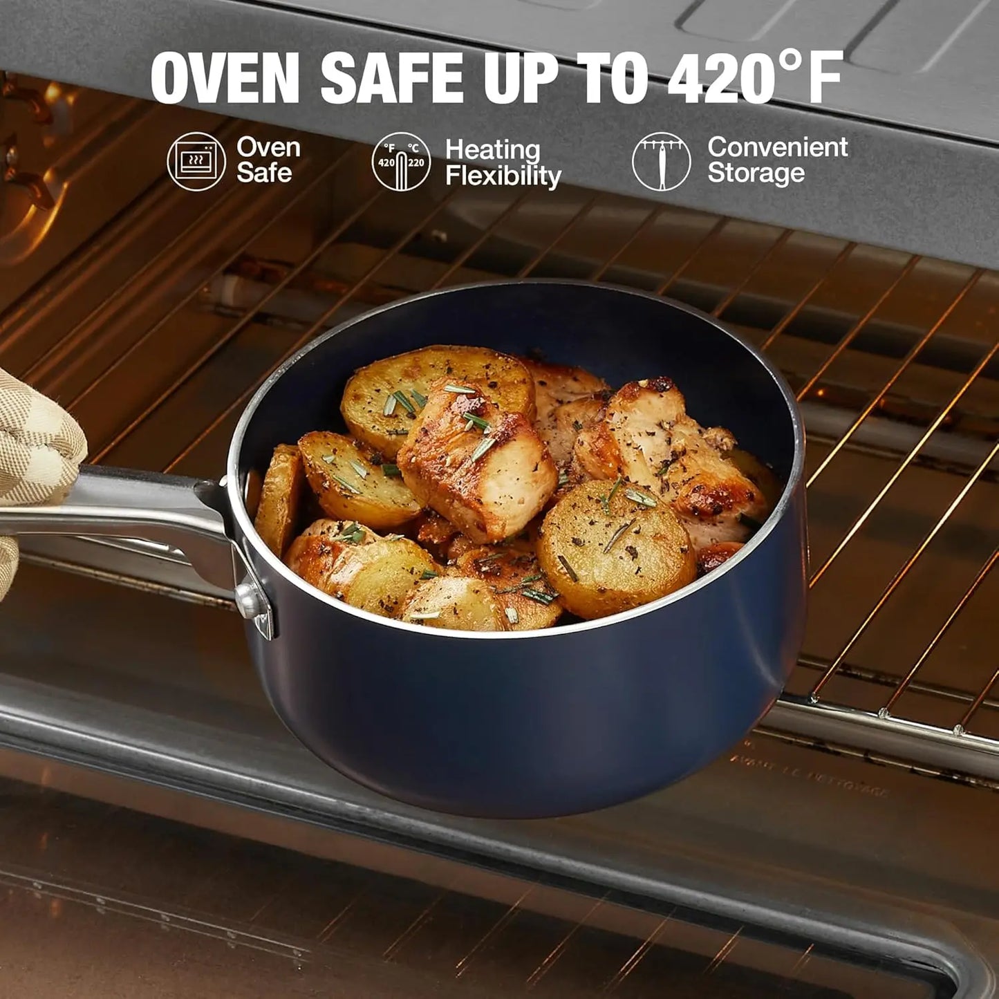 HLAFRG 3QT Nonstick Saucepan with Lid, Toxin-Free Ceramic Coating,Gradient Blue Pan with Stainless Steel Handle, Oven Safe