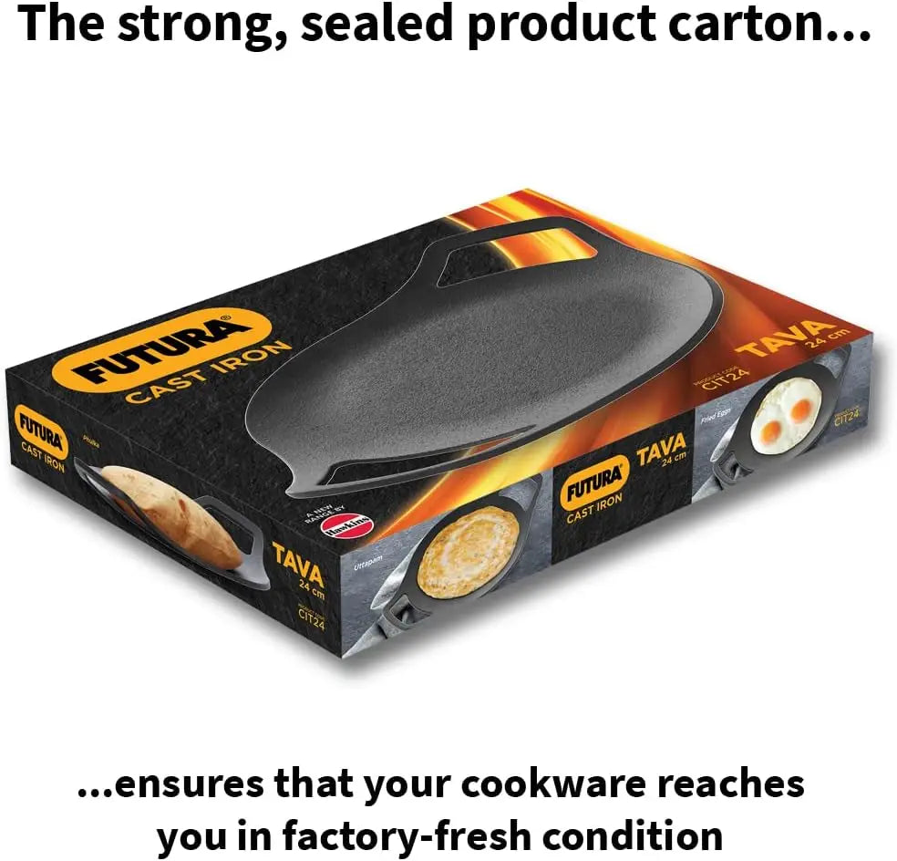 HAWKINS Futura 24 cm Cast Iron Tava, Cast Iron Tawa for Roti, Cast Iron Cookware for Kitchen, Black (CIT24)