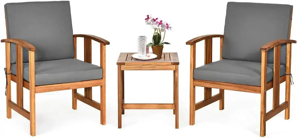3 Pieces Patio Furniture Set, Includes Set of 2 Outdoor Acacia Wood Cushioned Chairs and Coffee Table, for Garden, Backyard