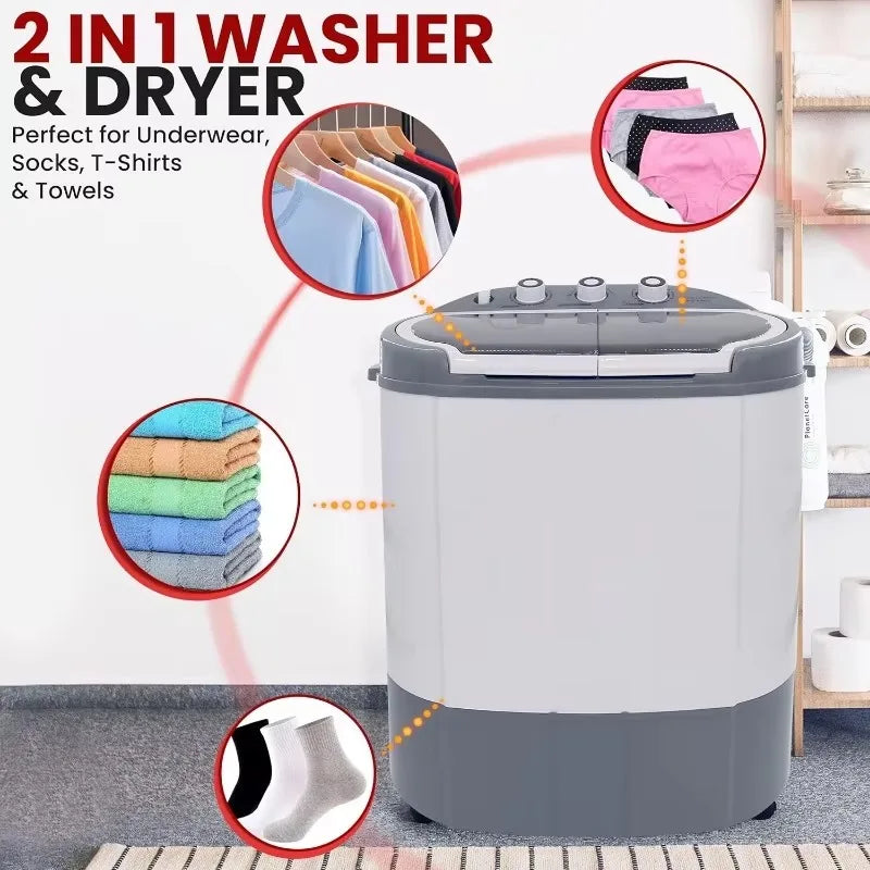 Compact Home Washer & Dryer, 2 in 1 Portable Mini Washing Machine, Twin Tubs, 11lbs. Capacity, 110V, Spin Cycle w/Hose