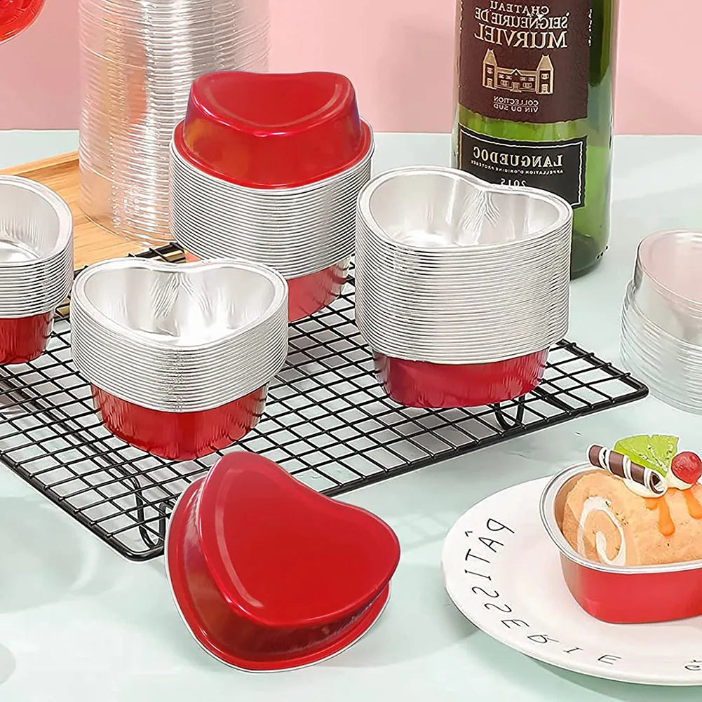 50 Pcs 100ml Tin Foil Cake Cup With Lid Heart-shaped Aluminum Foil Pudding Mousse Disposable Baking Tray Heat Resistant Mould