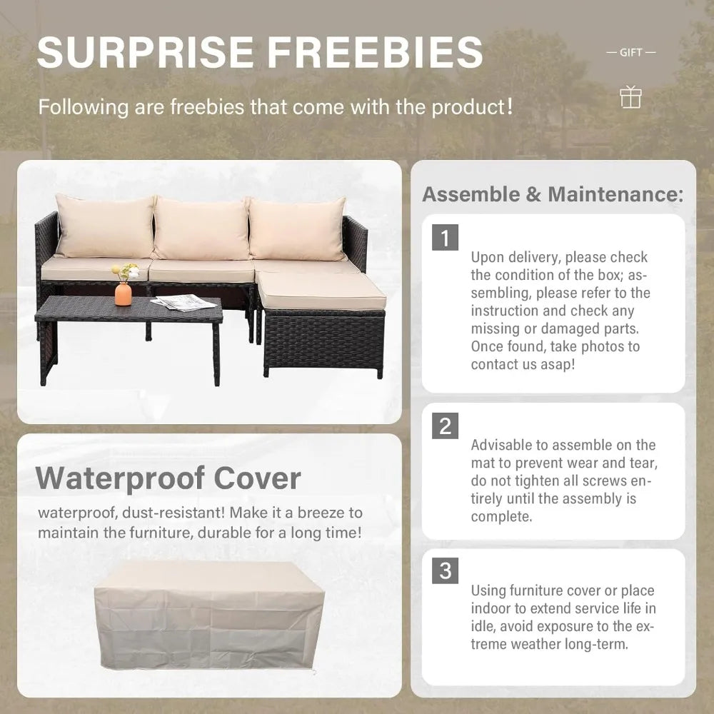 3 Piece Patio Set Outdoor Furniture Set Patio Parlor Set Outdoor Sectional with Non-Slip Cushions, Khaki
