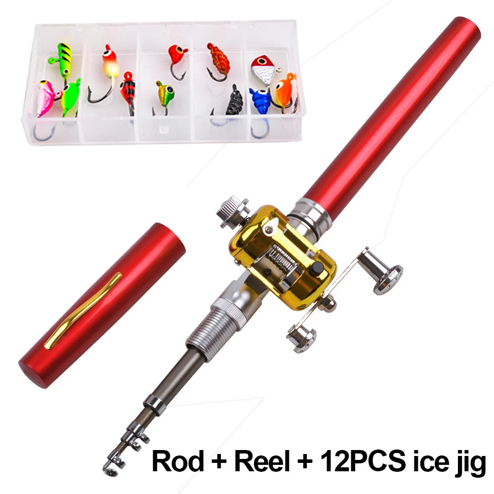 Mini ice fishing rod Combo with 12Pcs Ice jig fishing lures Portable Pocket Ice Fishing Pole Telescopic Fishing Rod and Reel