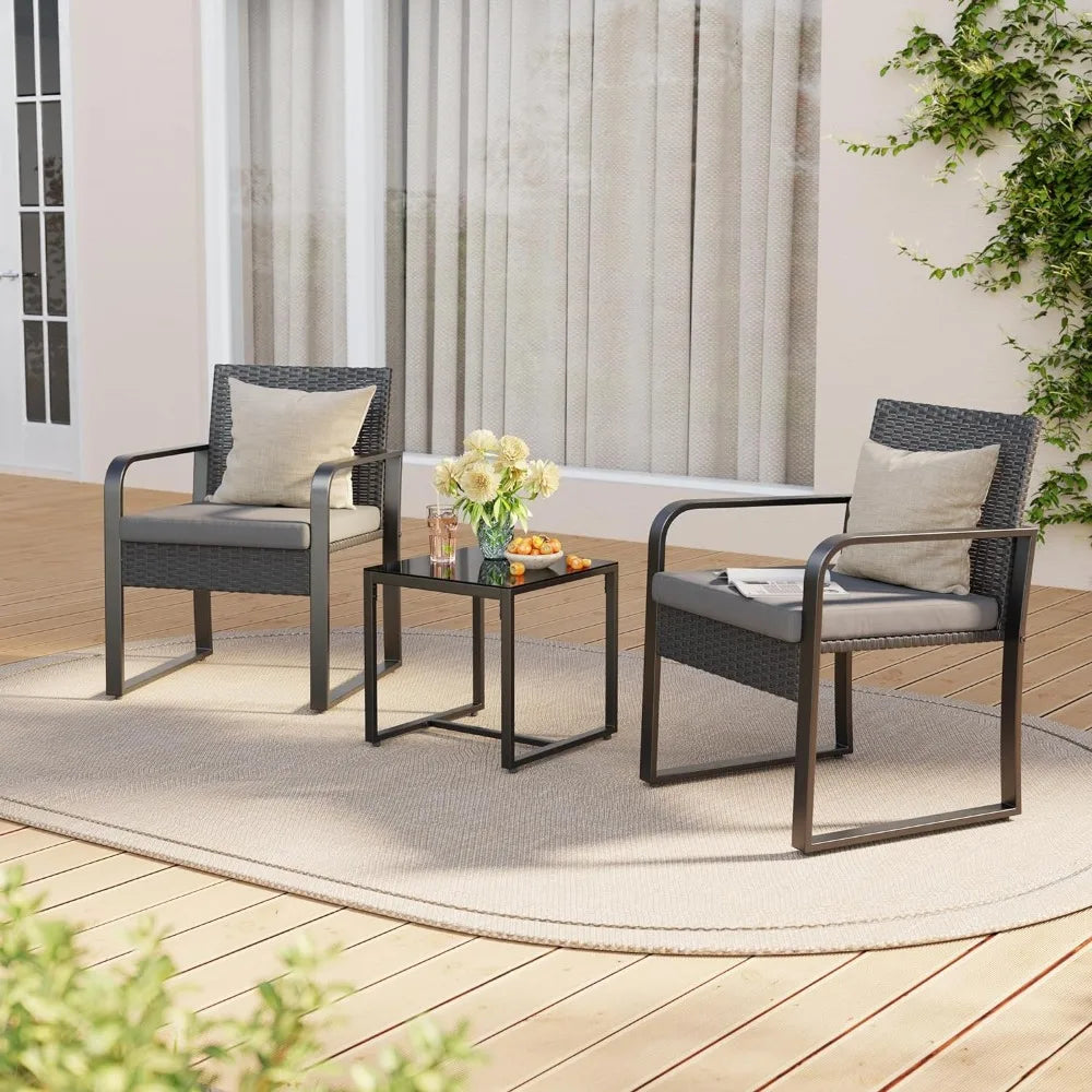 3 Pieces Patio Set Outdoor Wicker Furniture Sets, Modern Rattan Chair Conversation Sets with Coffee Table, for Yard, Bistro