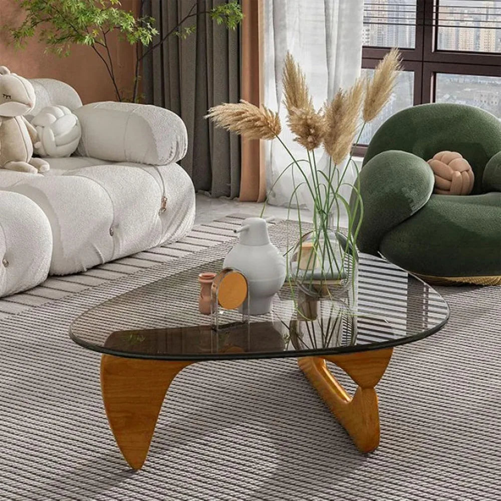Coffee Tables - Triangle Glass Coffee Table with Wooden Base Mid-Century Modern Abstract End Table for Study Room Office Hotel