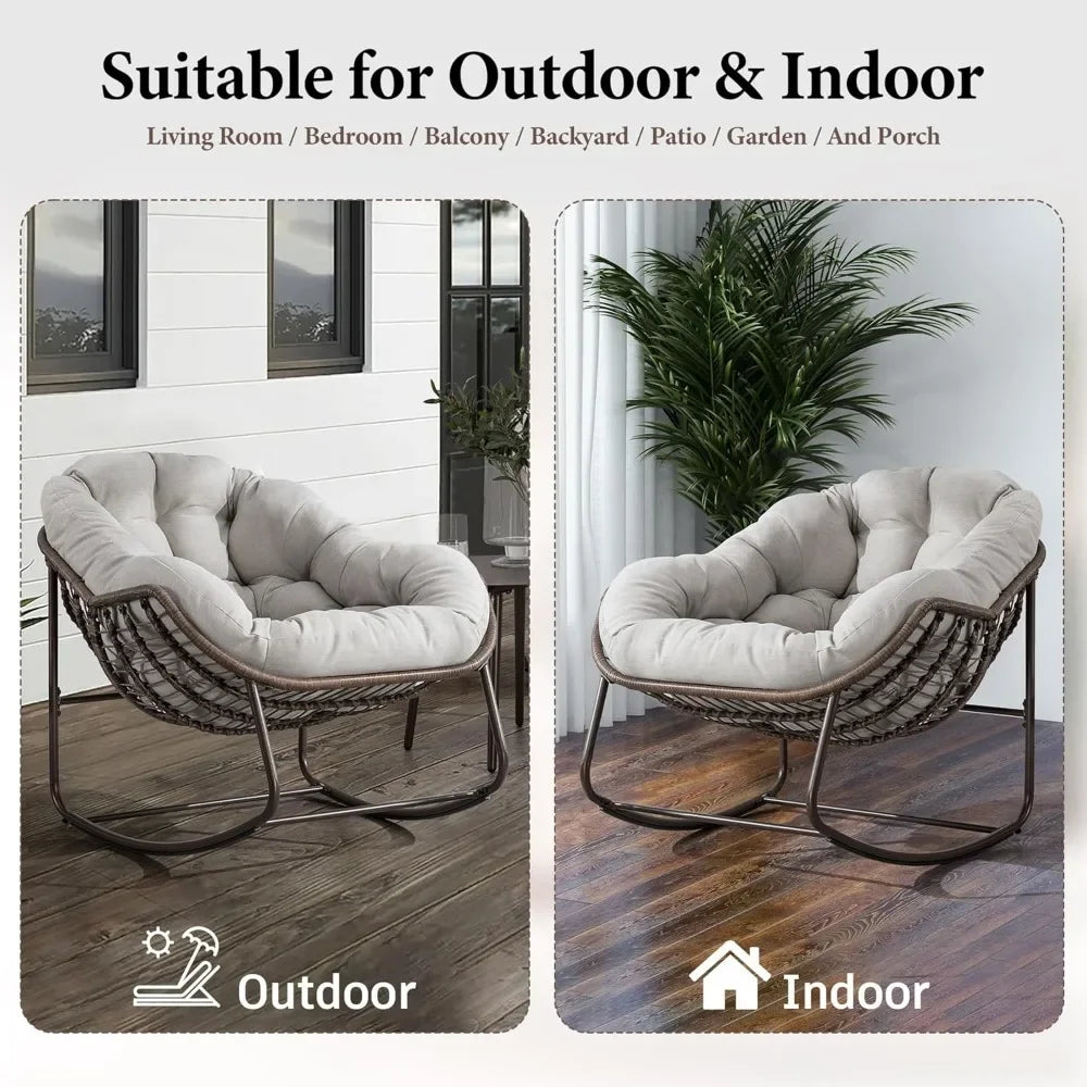 Oversized Rocking Papasan Chair with Thick Cushion and Frame Outdoor Rocker, Comfy Wicker Egg Chairs Lounge for Backyard Balcony