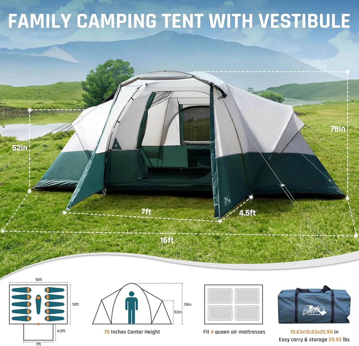 6/8/10/11 Person Camping Tent with Porch Family Tents for Camping Big Dome Tunnel Tent Includes Rainfly, Easy Setup Large Tents