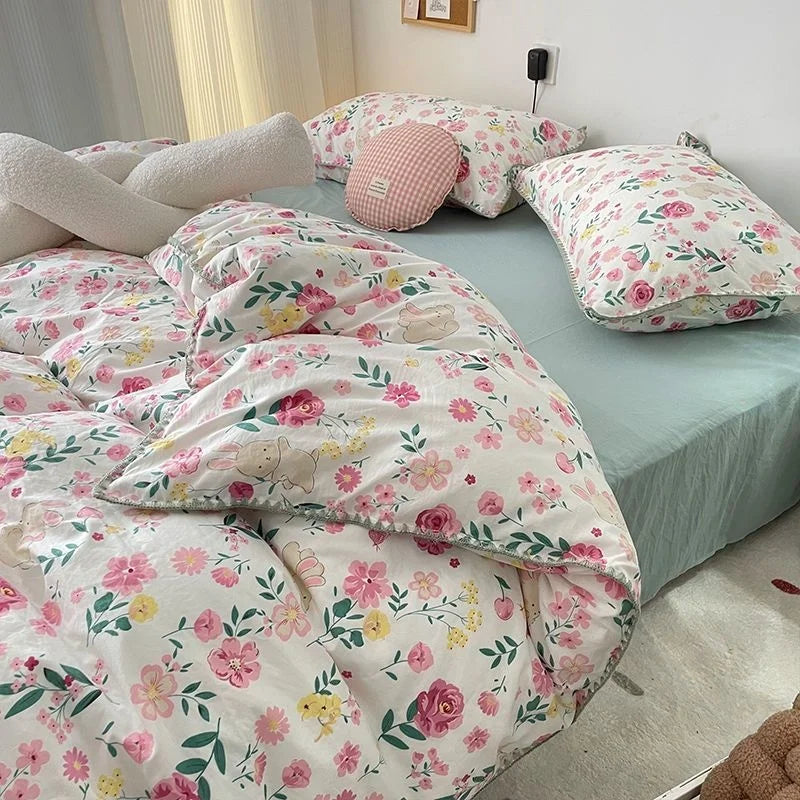 Bedding Set INS Girls Cherry Soft Washed Cotton Bed Sheet Queen King Size Duvet Set Comforter Set Pillowcase Bed Linens