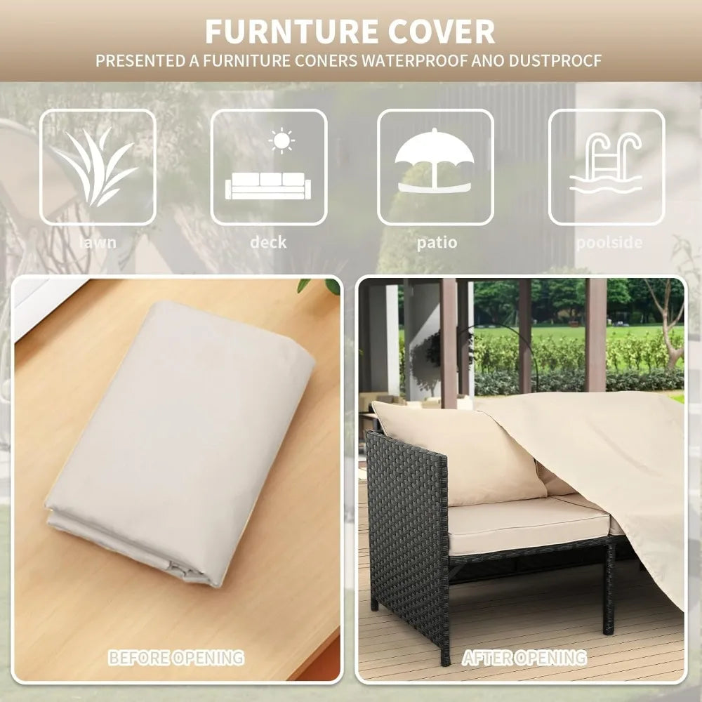 3-Piece Outdoor PE Rattan Furniture Set Patio Black Wicker Conversation Loveseat Sofa Sectional Couch Khaki Cushion