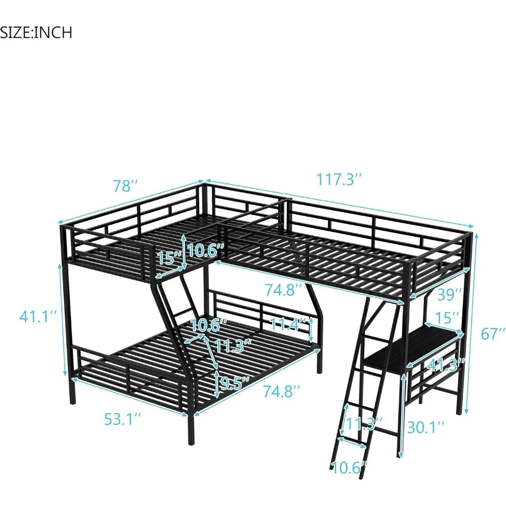 Loft Bed L-Shaped, Twin Over Full Bunk with a Twin Size Loft Bed Attached, with a Desk, 3 Beds Bunk Bed Frame for Kids Teens