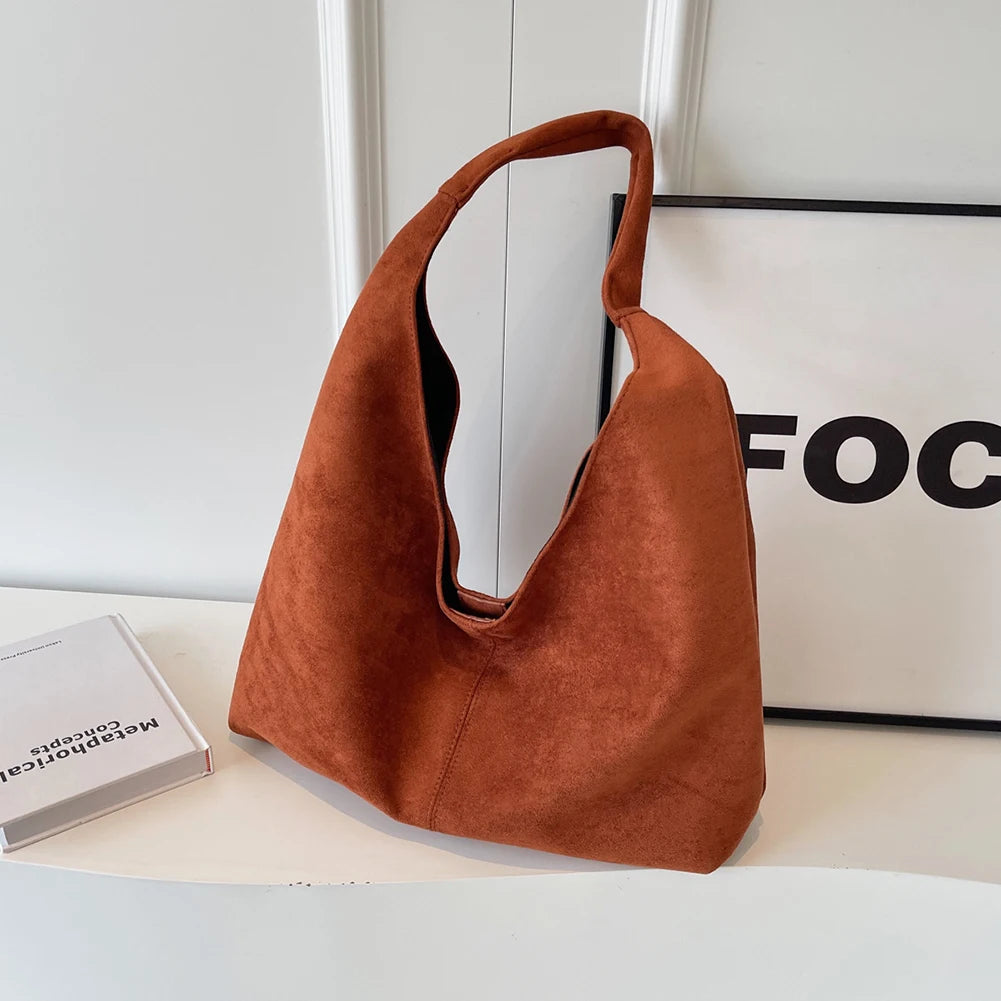 Women Suede Shoulder Bag with Pocket Underarm Bag Trendy Hobo Bag Slouchy Bag for Work Travel Shopping