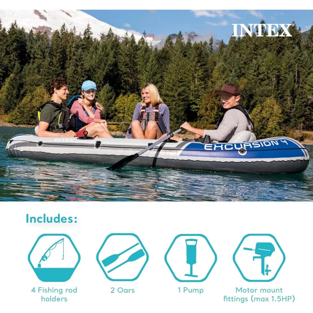 Excursion 5 Person Inflatable Boat Set with 2 Aluminum Oars and Pump, 12V Transom Mount Boat Trolling Motor