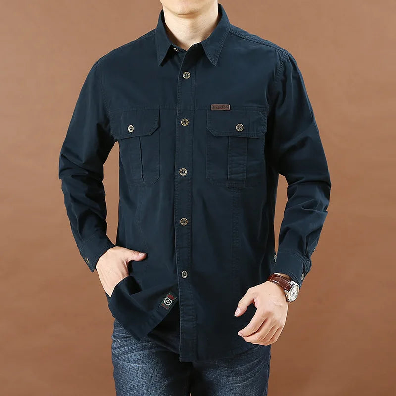 2023 Spring Autumn Denim Men Shirts Long Sleeve 100% Cotton Outdoor Sports Army Military Casual Shirts Hiking Camping Clothing