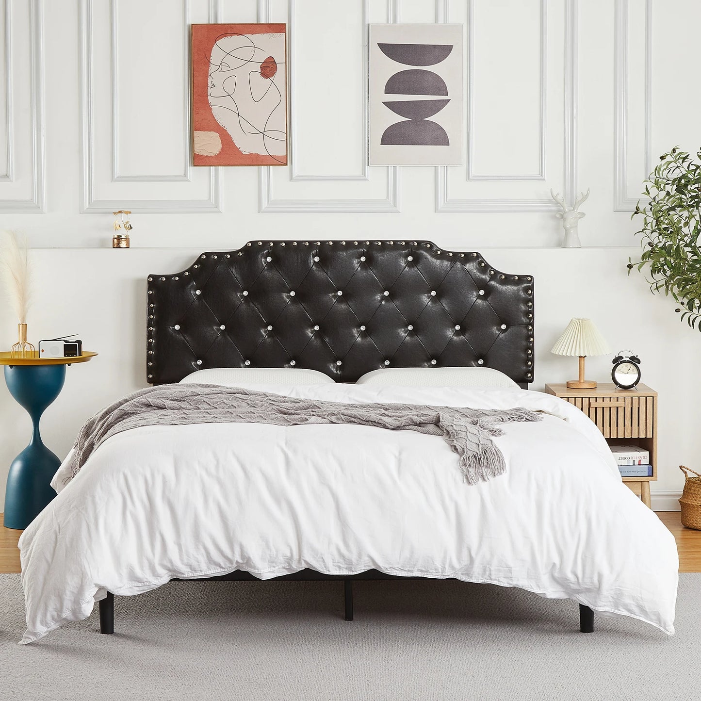 Full Size Bed Frame with Headboard PU Leather Upholstered Bed Frame Platform No Box Spring Needed