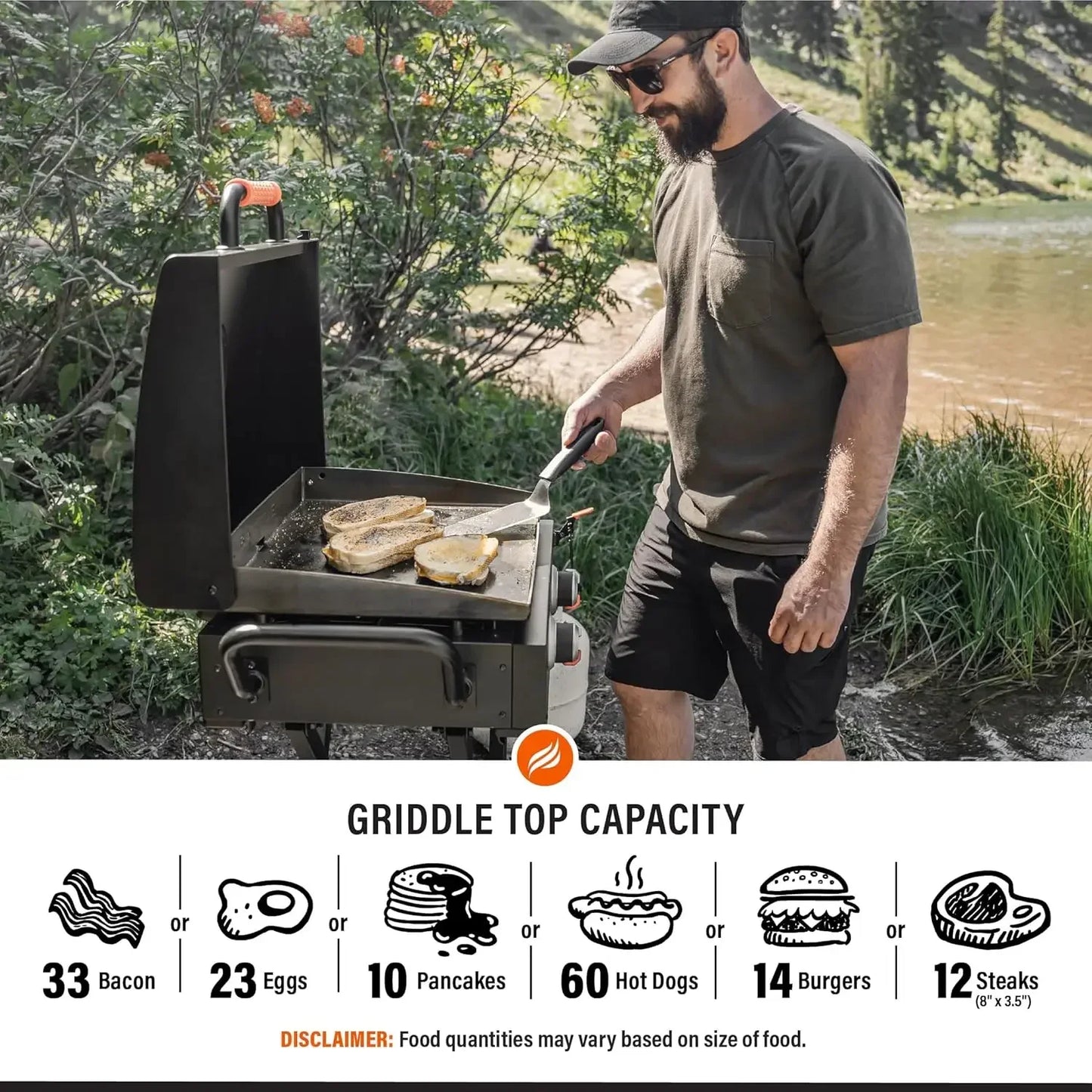 On The Go Scissor-Leg Two Burners Gas Hood, Wheels, Side Shelf Heavy Duty Outdoor Stainless Steel Griddle