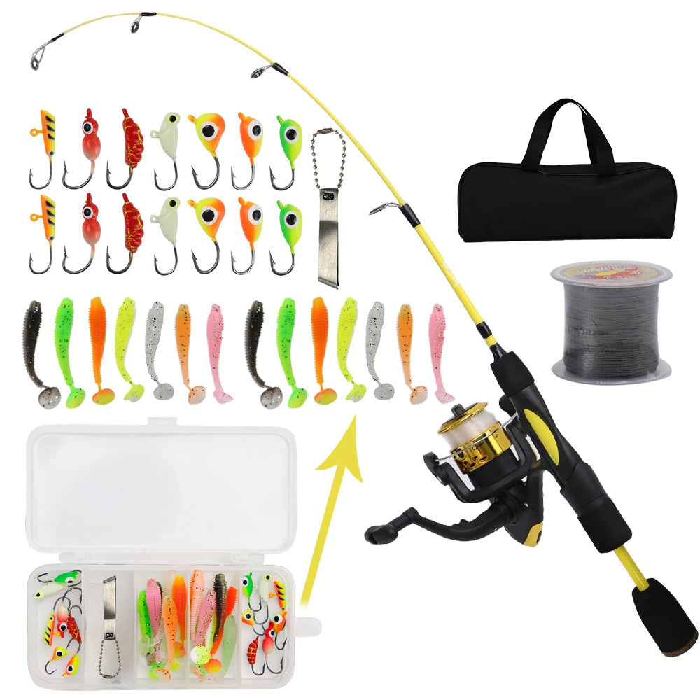 Ice Fishing Rod Reel Combo 68cm Carbon Fiber Winter Rod and 5.2:1 Gear Ratio Spinning Reel Fishing Lures Hooks Accessories