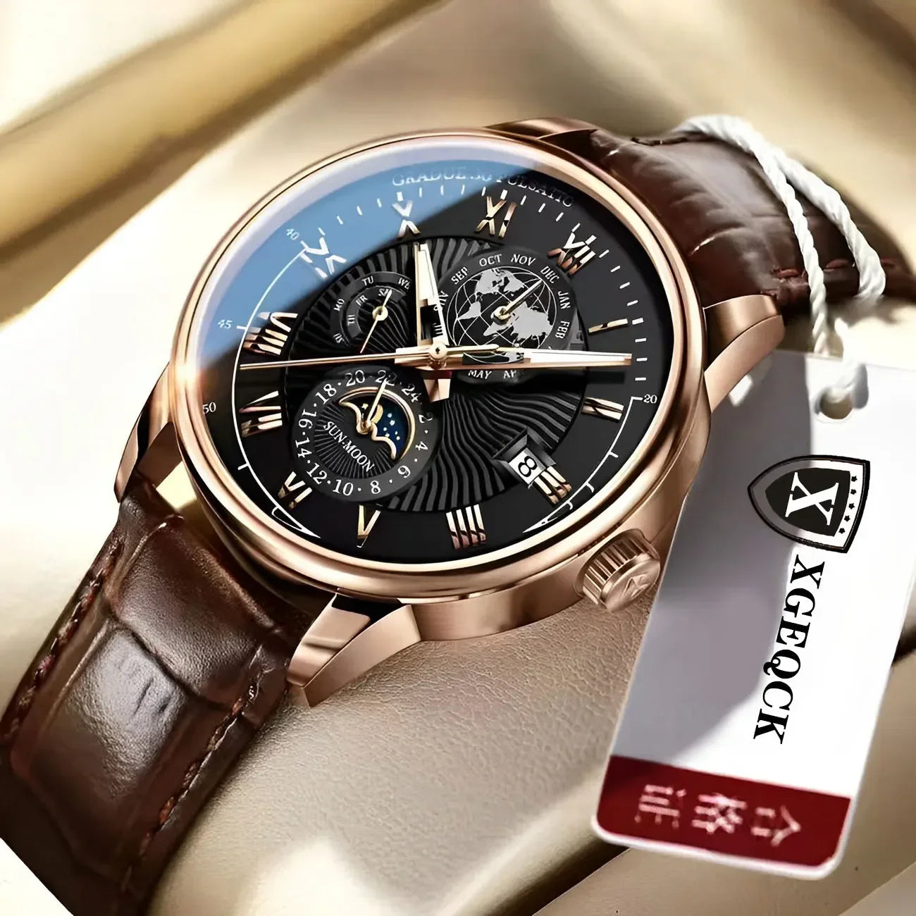 Luxury Man Watch Waterproof Chronograph Moon Phase Pattern Luminous Men's Wristwatch Leather Men Quartz Watches Casual Clock