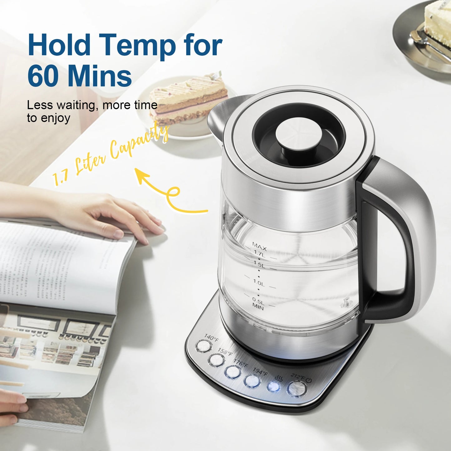 Electric Tea Kettle - CACHOO 1.7L Glass Electric Kettle Temperature Control with 5 Presets, 1-Hr Keep Warm