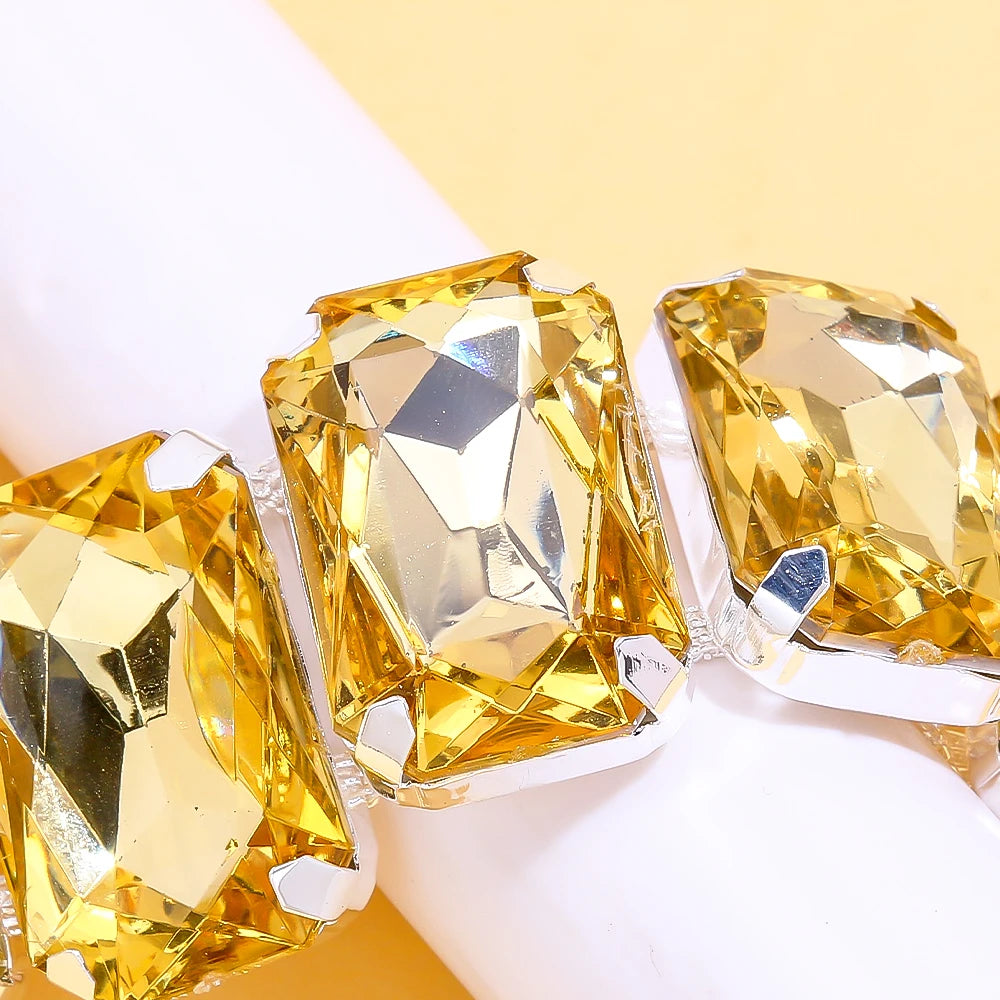 Stonefans Square Necklace and Earrings Set Bridal Exaggerate Decoration Fashion Yellow Rhinestone Jewelry Set Banquet for Women