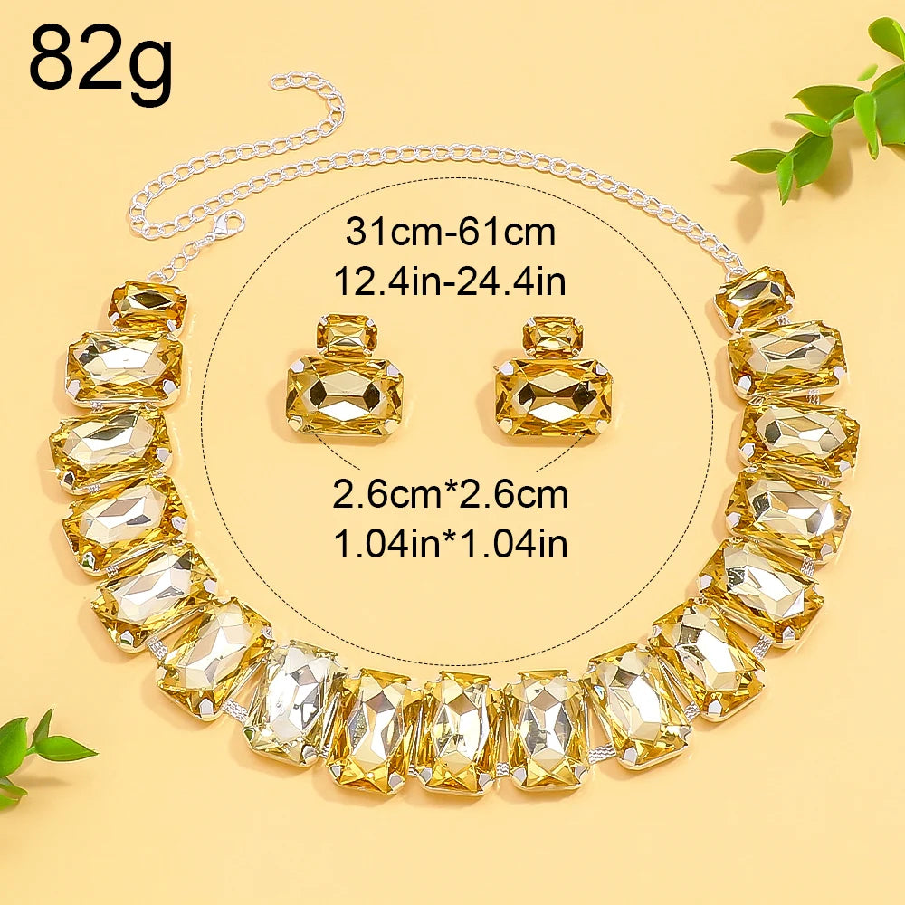 Stonefans Square Necklace and Earrings Set Bridal Exaggerate Decoration Fashion Yellow Rhinestone Jewelry Set Banquet for Women